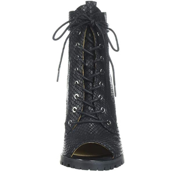 Black Snake Skin Texture Heeled Lace Up Boots - Picture 5 of 7